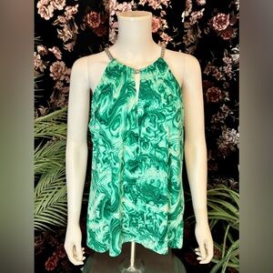 Michael Kors Green Marble Print Silver Tone Chain Neck Sleeveless Top Sz XL